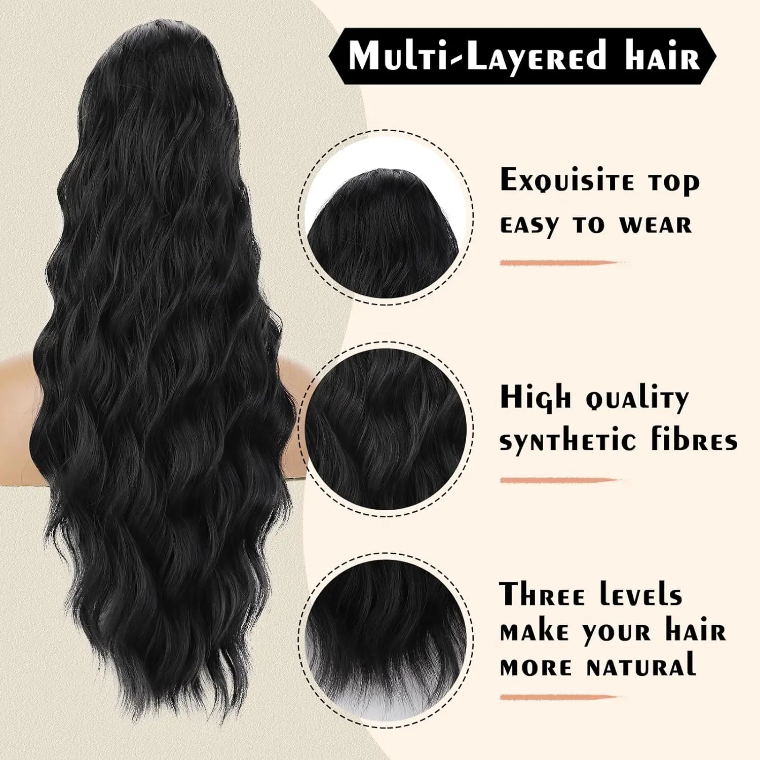 I\'s a wig Synthetic Ponytails Long Wavy Black Wigs with Women for Daily Party Use