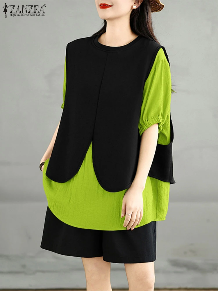 

ZANZEA Summer Women Blouses Color Patchwork Shirts 2025 Short Sleeve Casual Tunic Tops Vintage Loose Elegant Office Blusas Femme