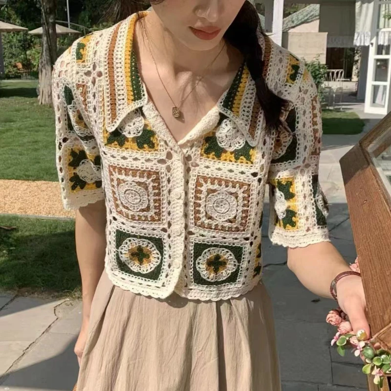 

Retro Boho Crochet Knit Shirt for Women Button Front Short Sleeve Collared Open-knit Lace Blouse Women Summer Crop Tops