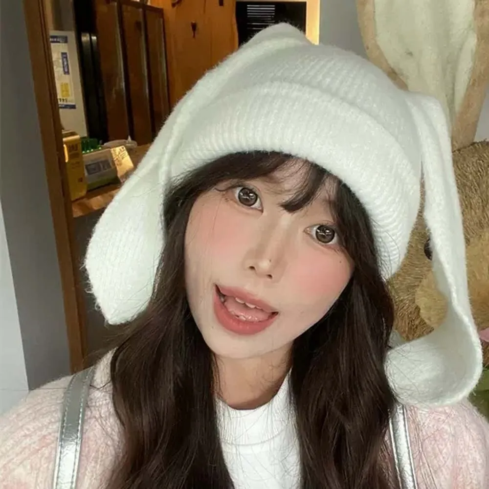 

Personality Elastic Bunny Pullover Cap Korean Style Soft Rabbit Ears Cap Dome Trendy Brimless Beanie Hat Women