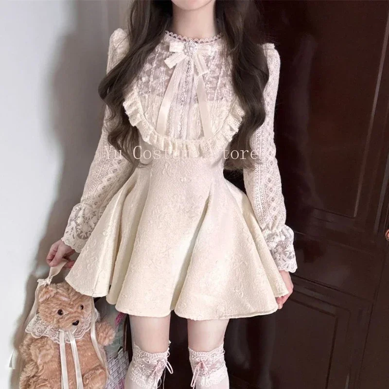 

Japanese Gothic Y2k Lolita Dress Women Sweet Elegant Patchwork Lace Ruffles Bow Slim Dresses Long Sleeve Party Mini Dress 2025