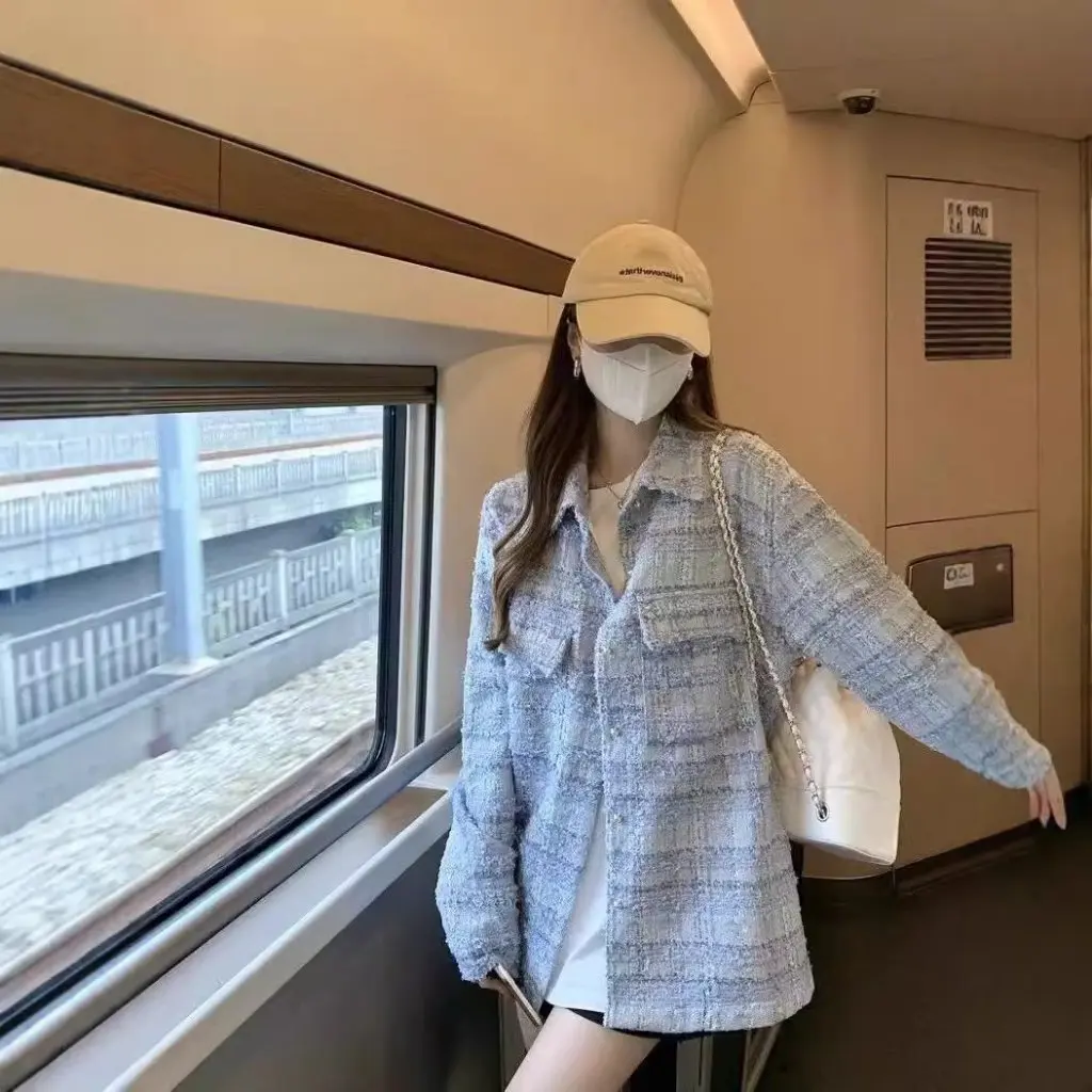 

Women's Blue Plaid Shirt Style Coat Casual Loose Cardigan Korean Temperament Autumn New Fashion Simple