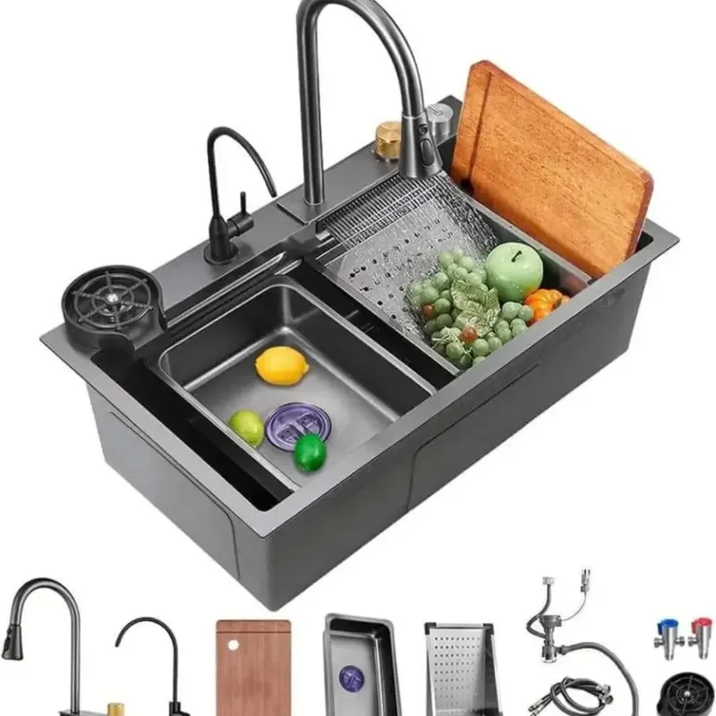 New Feiyu Black King Kong Stainless Steel Kitchen Sink Thickened Multifunctional Basin with Faucet Set