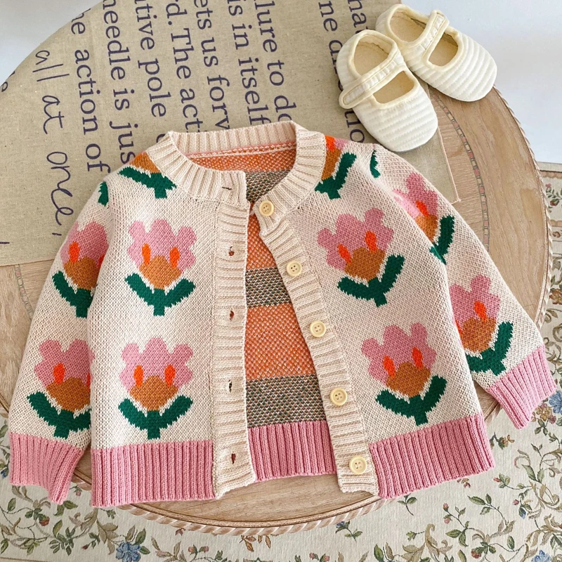 Autumn New Baby Clothing, 0-3 Year Old Girl, Romantic Flower Knitted Coat Sweater