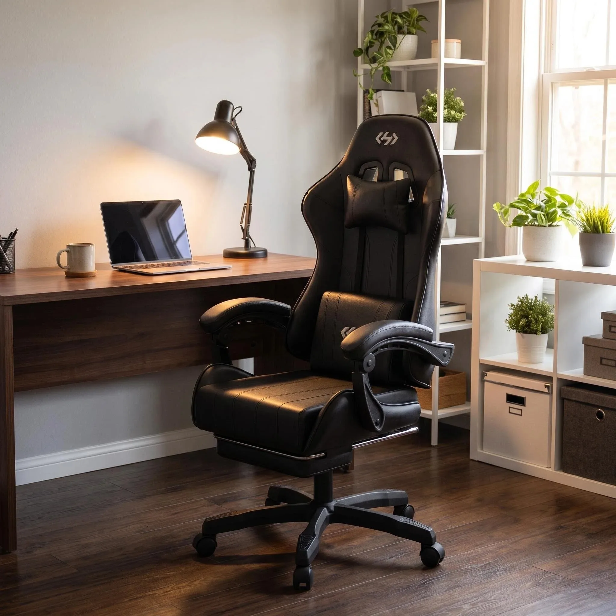 Gaming Chair, Ergonomic Computer Office Chair with Lumbar Support Footrest Headrest, Adjustable Height & Backrest Angle Video Gamer Chair, PU Leather, 360° Swivel, Adult,Black