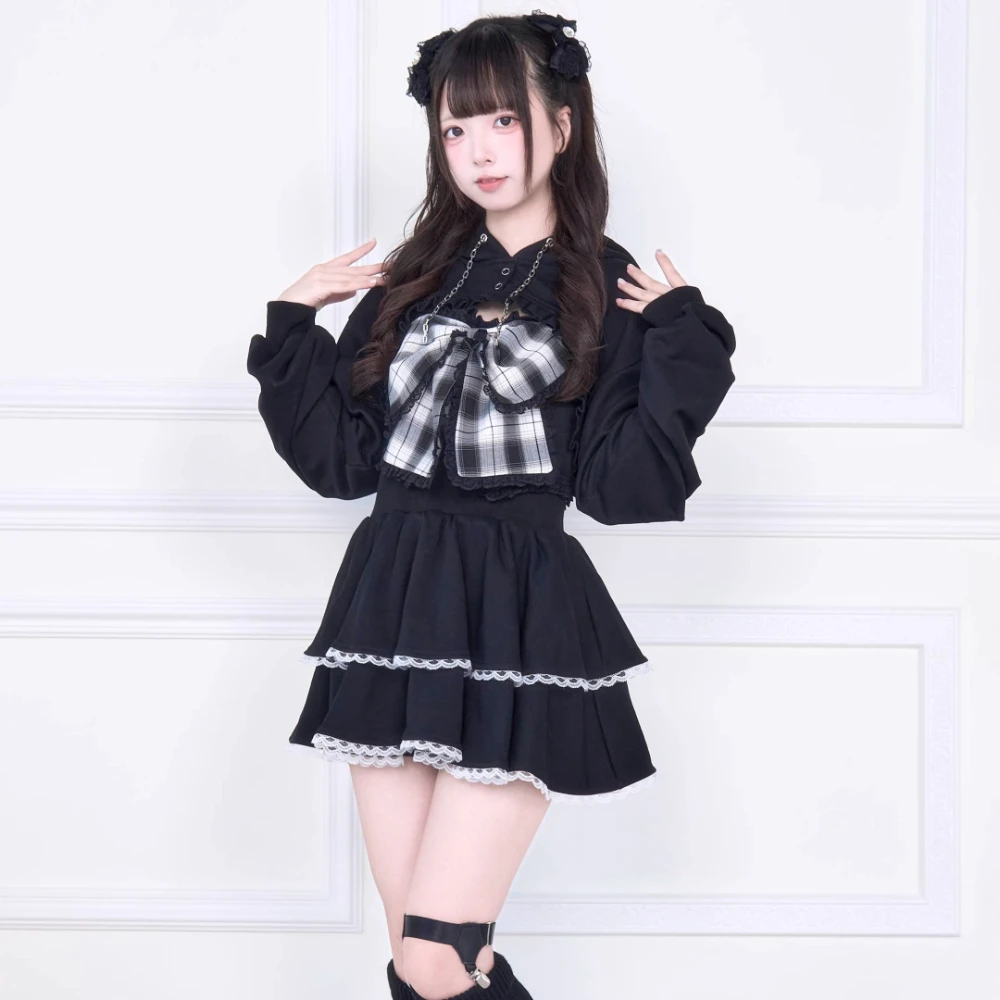 الأصلي اليابانية قداس الإنتاج ثقافة فرعية مقنعين طويلة الأكمام قصيرة البلوز القوس منقوشة تانك القمم قطعتين مجموعة للنساء الخريف