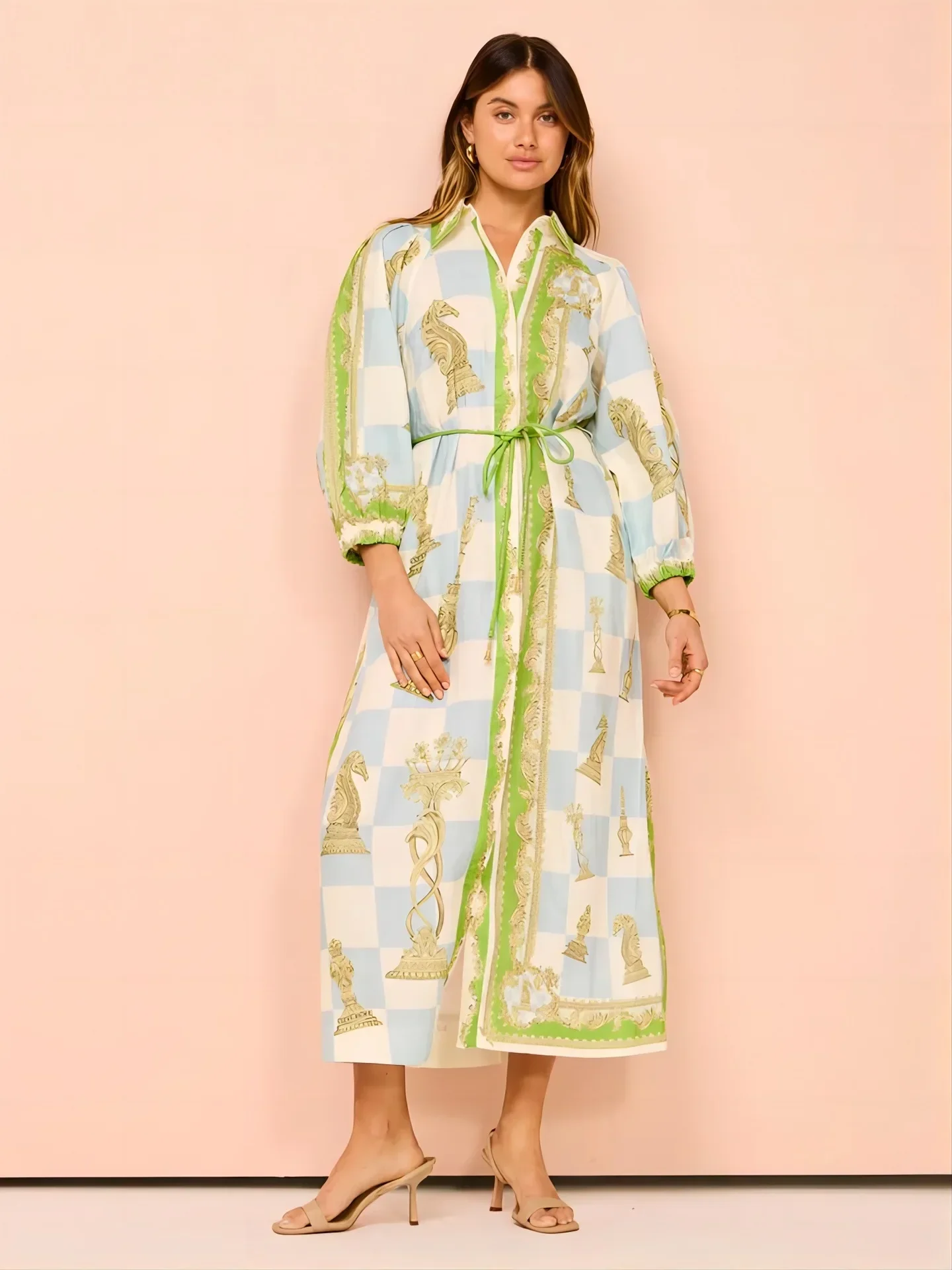 Elegant Printed Vintage Women Long Sleeves Dress Beach 2024 Lace Up Loose Maxi Dress Vestidos Casual Fashion Robe New Holiday