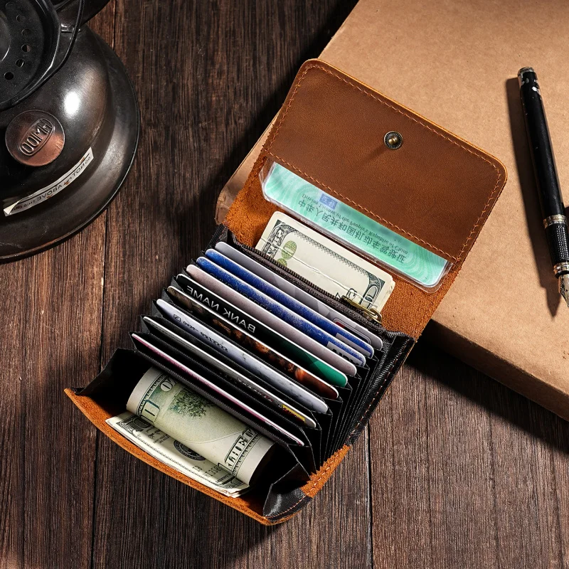Vintage Men's Leather Card Holder Top Layer Cowhide Large Capacity Card Clip Storage Bag Genuine Leather Vertical Wear Resist...