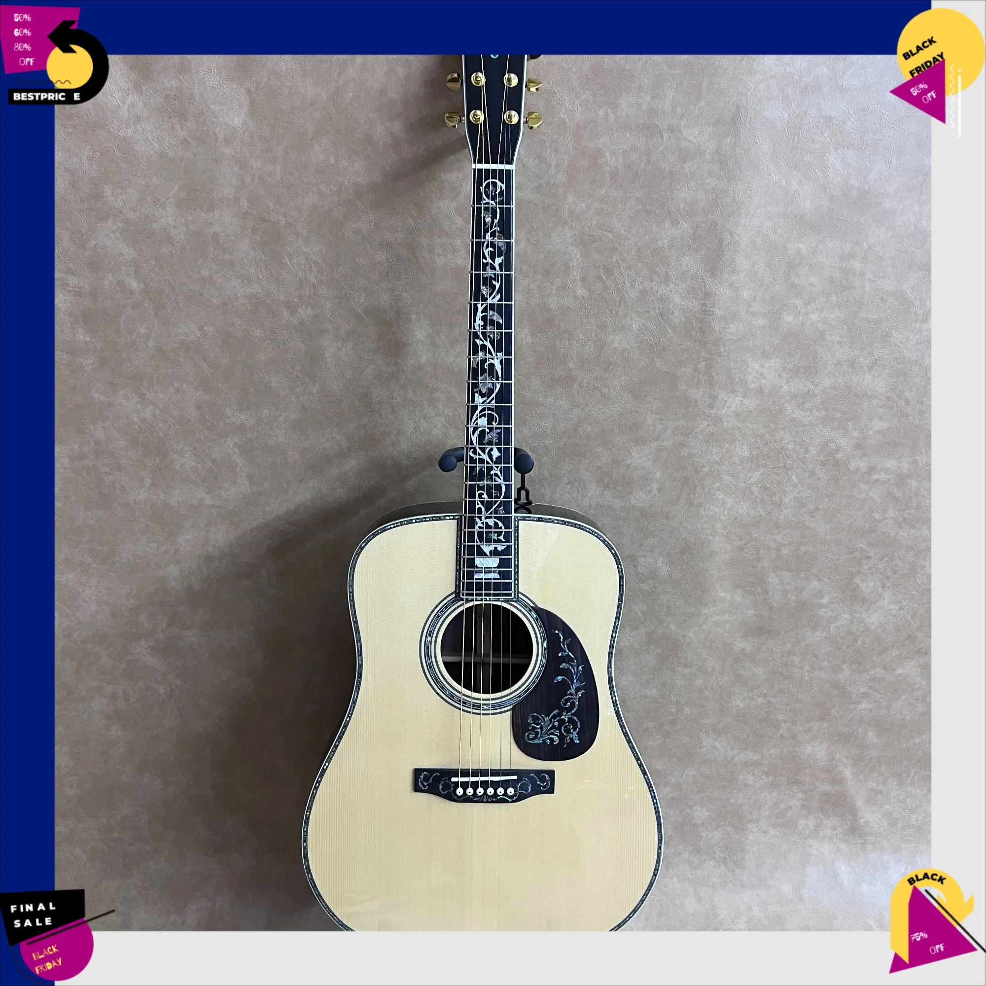 Free Shipping 41 Inch D45 Acoustic Guitar Natural Gloss Floral Inlay Abalone Binding Wood Guitar Fine Craft Folk Guitar Stage