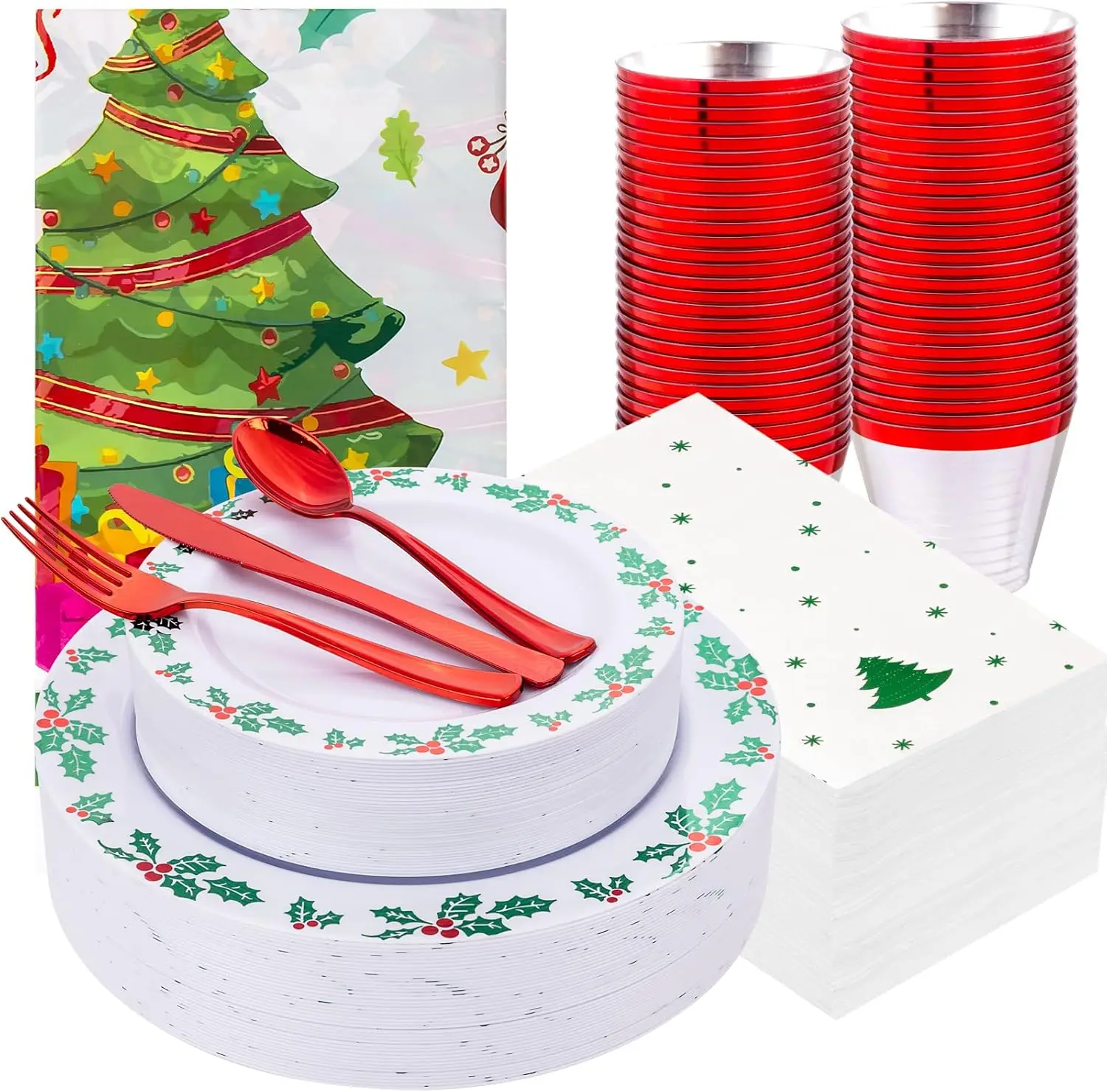 

176-Piece Christmas Dinnerware Set: 50 Plates, 75 Silverware, 25 Cups, Napkins & Tablecloth for Holiday Parties