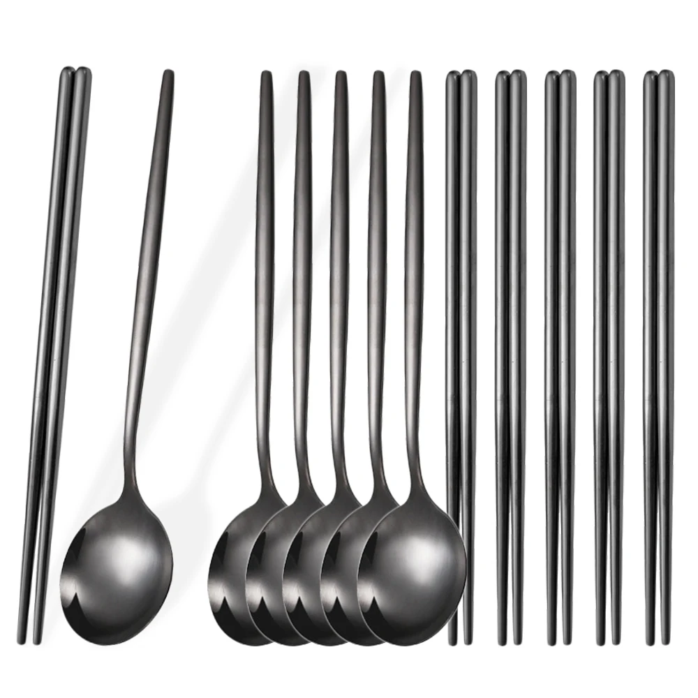 Black Stainless Steel Cutlery Set Sushi Sticks Dinner Spoons Set 12Pcs Dinnerware Korean Chopsticks Dessert Spoon Flatware Set