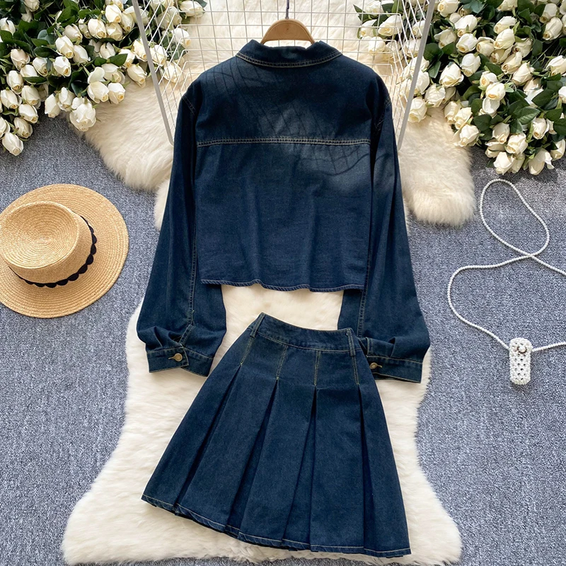 EWQ Vintage Denim 2 Piece Sets Women Lapel Colalr Long Sleeve Loose Top＋High Waist A-line Short Skirt 2024 Autumn New 27X1306