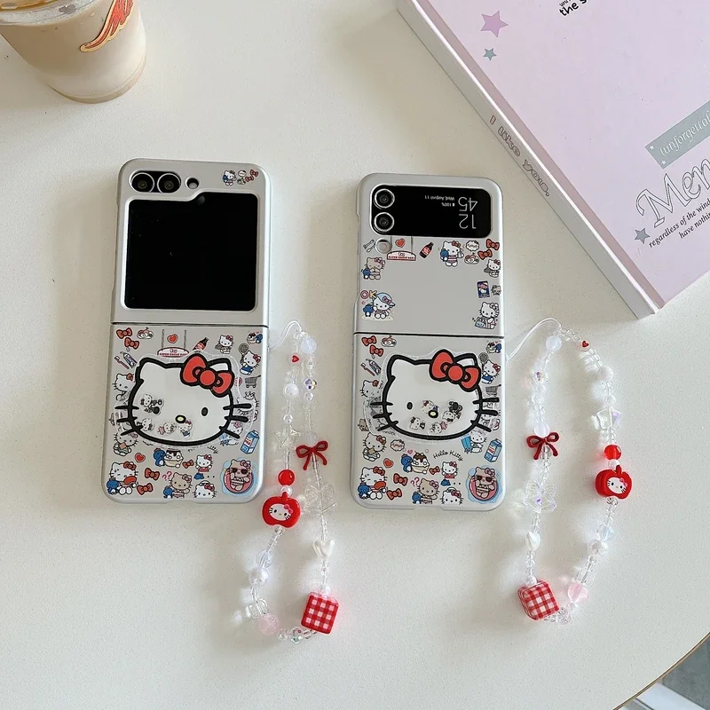 Cute Cartoon Sanrio Hello Kitty Grip Holder Phone Case For Samsung Galaxy Z Flip 6 5 4 3 Hard Plating Cover With Lanyard