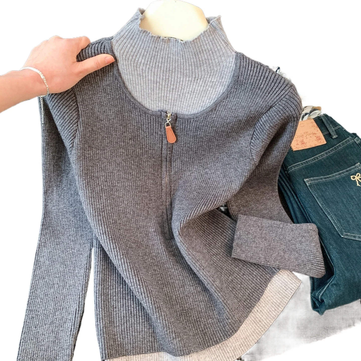 Contrasting Color Semi-turtleneck Knitted Bottoming Shirt 2026 Spring and Summer New Temperament Elegant with Fake Two-piece Top