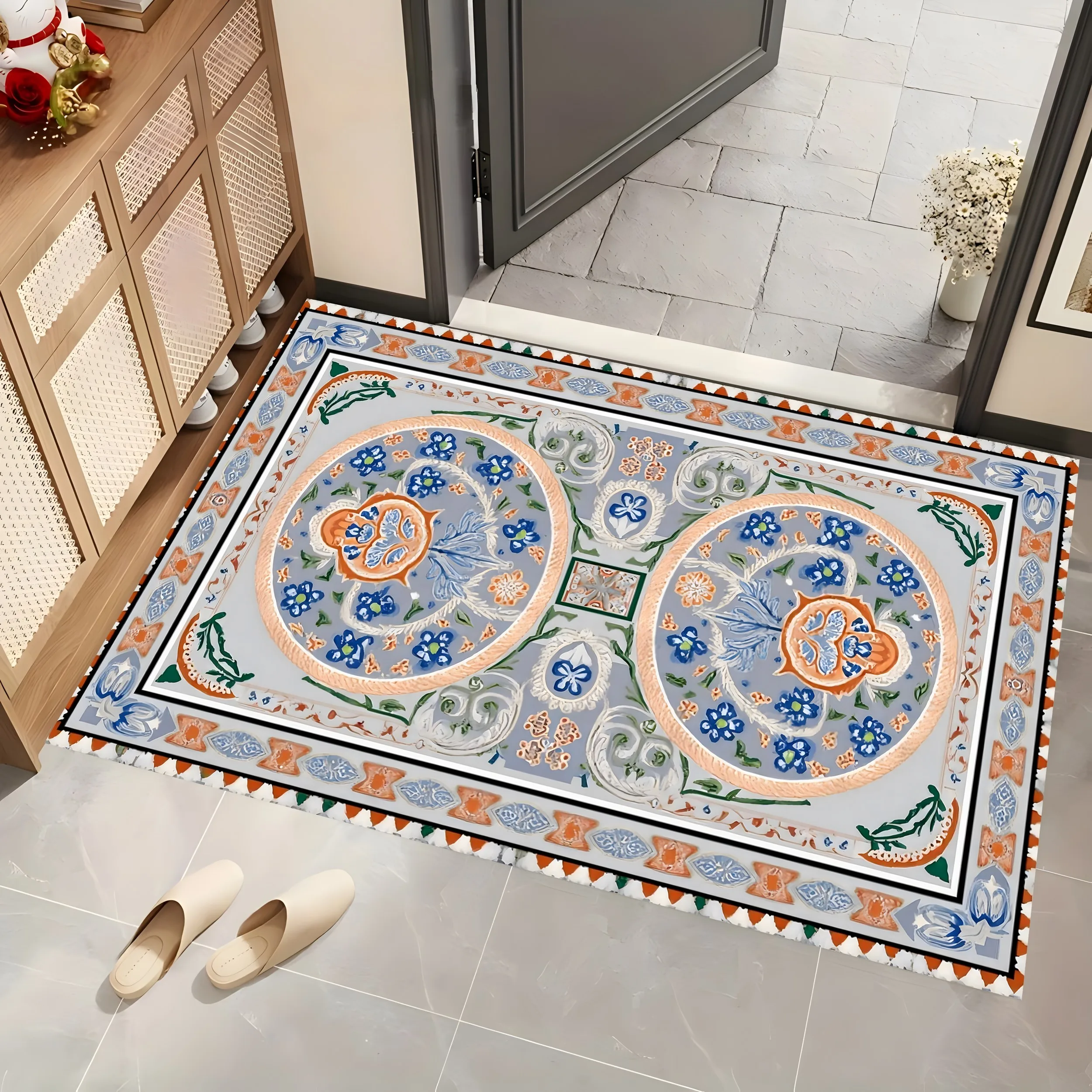 2D Retro Double-Ring Floral Pattern Carpet, Suitable for Living Room and Bedroom, Instantly Refreshes Autumn and Winter Decorations