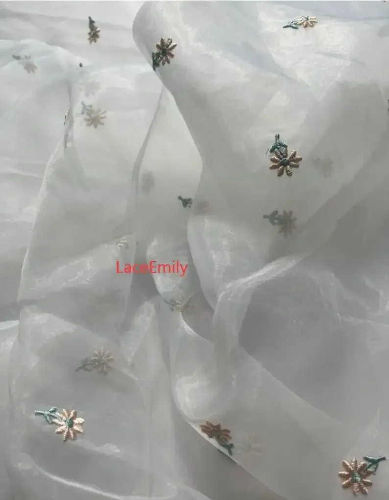 1 yard White floral embroidered organza Fabric , Flower organza tulle for Girl Dress, wedding Dress, Summer , Shirts 51