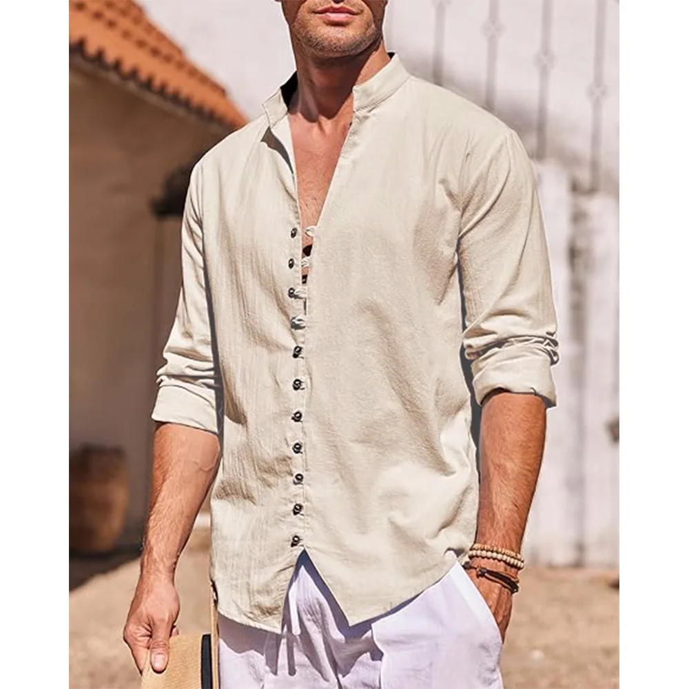 Men\'s Cotton Linen Shirt Long Sleeve Shirts Men Beach Shirt Summer Casual Solid Color Stand Collar Men\'s Shirt