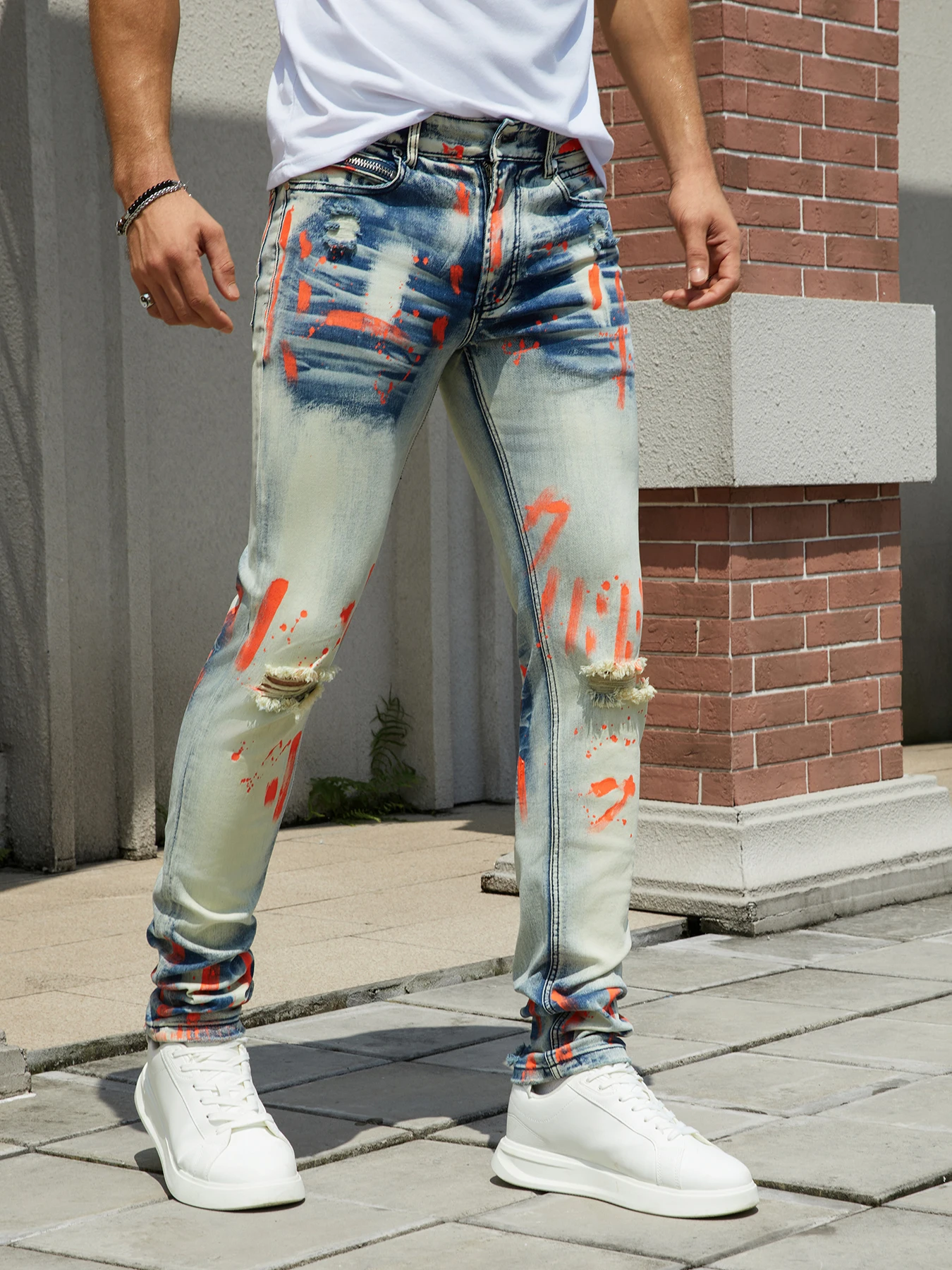 Men's denim stretch pants, full hand-painted print, knee holes, fashion cat crease wash- RSM-MALCOLMslim-fit style, street rock-