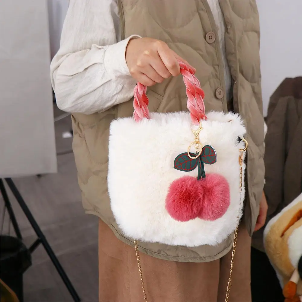 

Shoulder Bag Winter Large Capacity Crossbody Bag Chains Bag Plush Handbag Cherry Plush Bag Small Square Bag Female Handbag