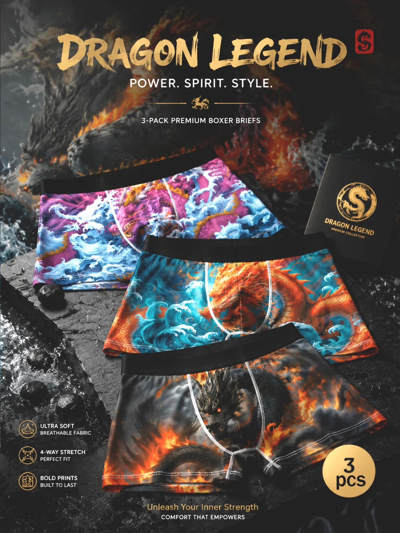 1. `3Pcs Men Boxer Briefs Chinese Dragon Ocean Wave Print Underwear 4 Way Stretch Breathable Soft Male Boxer Shorts`