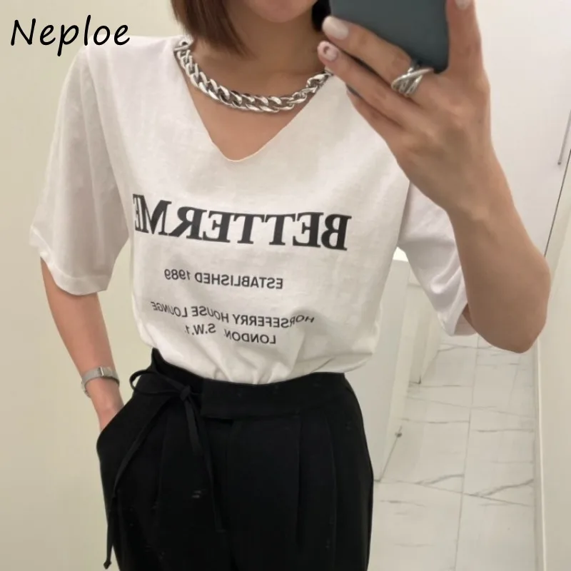 Neploe Korean Chic Letter Print O-neck Chains T-shirts Y2k Short Sleeve Loose Tops Women 2024 Summer New All-match Tee Shirt