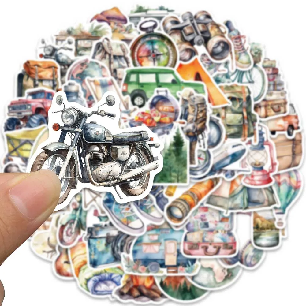 50pcs Cartoon Watercolor Outdoor Travel Camping Stickers For Laptop Phone Luggage Water Bottle Bicycle Car Vinyl Decals