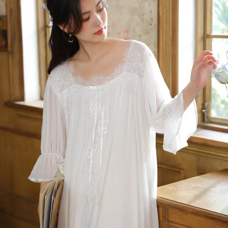 Fairy Mesh Loose Night Dress Women Fairy Vintage Lace Peignoir Long Robe Half Sleeve Sexy Nightgown Princess Sleepwear Home Wear