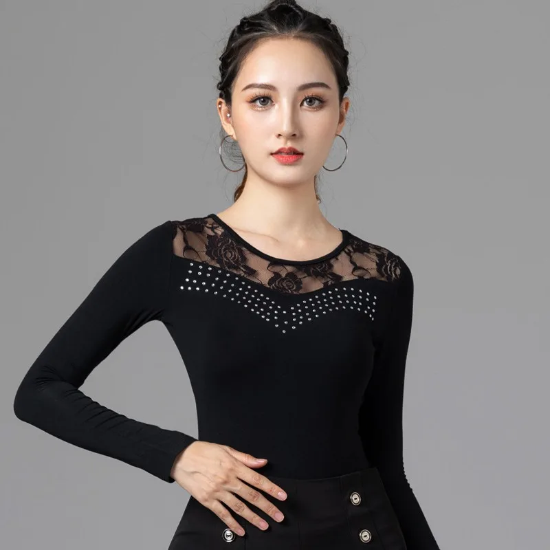 Latin dance top, women's new adult mesh modern dance practice suit, fashionable hot diamond long sleeved national standard dance