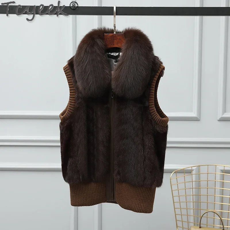 

Tcyeek Real Rabbit Fur Vest for Women Winter Clothes Sleeveless Coat Short Style Women's Fur Jackets Warm Fox Fur Collar Zipper