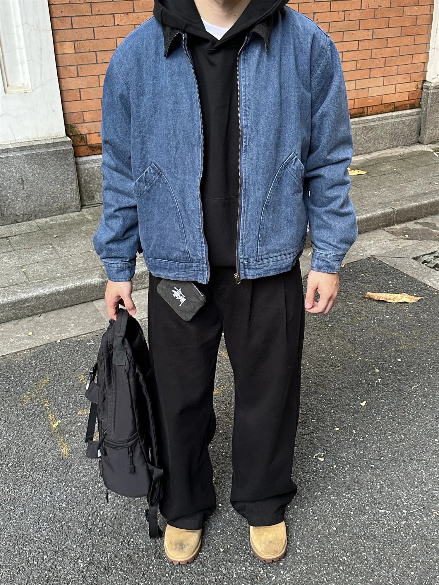 

Retro American Street Waed Blue ort Denim Jaet ex CleanFit Sli Patchwork Workwear Jaet Youth Polyester Cotton...