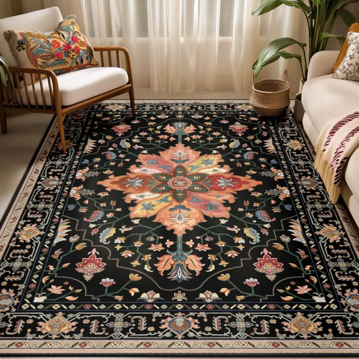 Floral Vintage Distress Print Pattern Medallion Carpet for Living Room Bedroom Dining Room, Black Colorful Floral Dark Tan