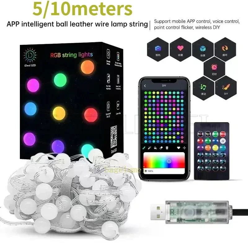 

Waterproof Smart Music APP LED Round Ball String Light DC5V Ws2812B Fairy Light Christmas Party Birthday Decoration Ball Lights