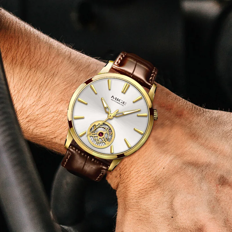 MIGE Men's Watches Mechanical Automatic Watch Waterproof Top Brand Diamond Luxury Luminous Calendar Wristwatch Stainless Stee