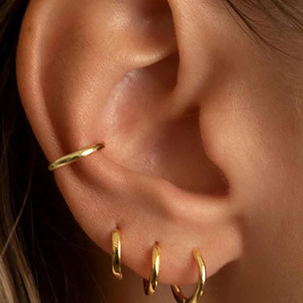 4 Pcs / Pairs 14K Gold Plated Huggie Hoop Earrings for Women Lightweight Small Hoops Sensitive Ears Multiple Piercing Stack Set