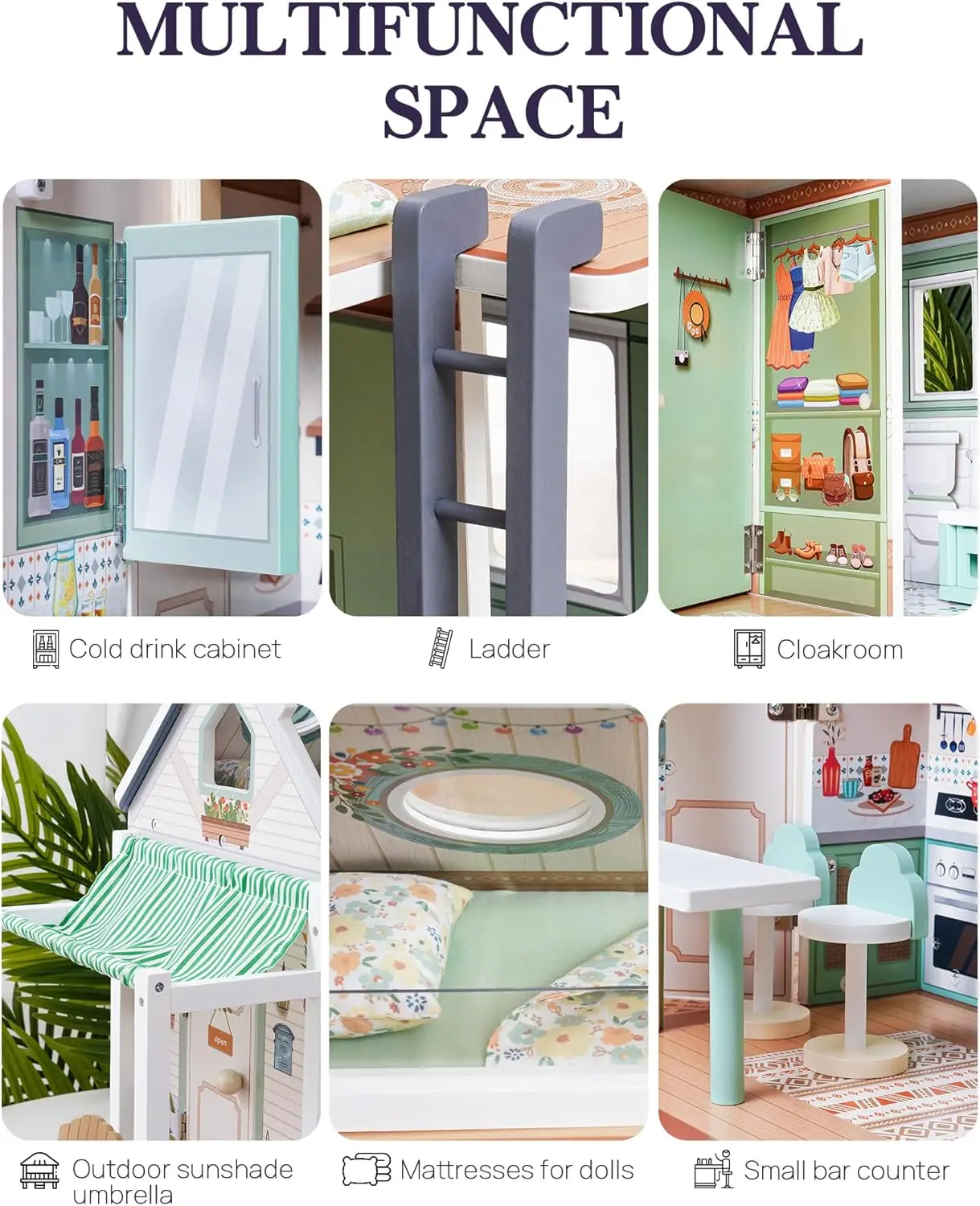 Robud Puppenhaus aus Holz mit Rädern, Rollenspiel-Wohnmobil-Set, Puppenhaus, beweglich mit 10 + Möbelzubehör, Geschenk für Kinder