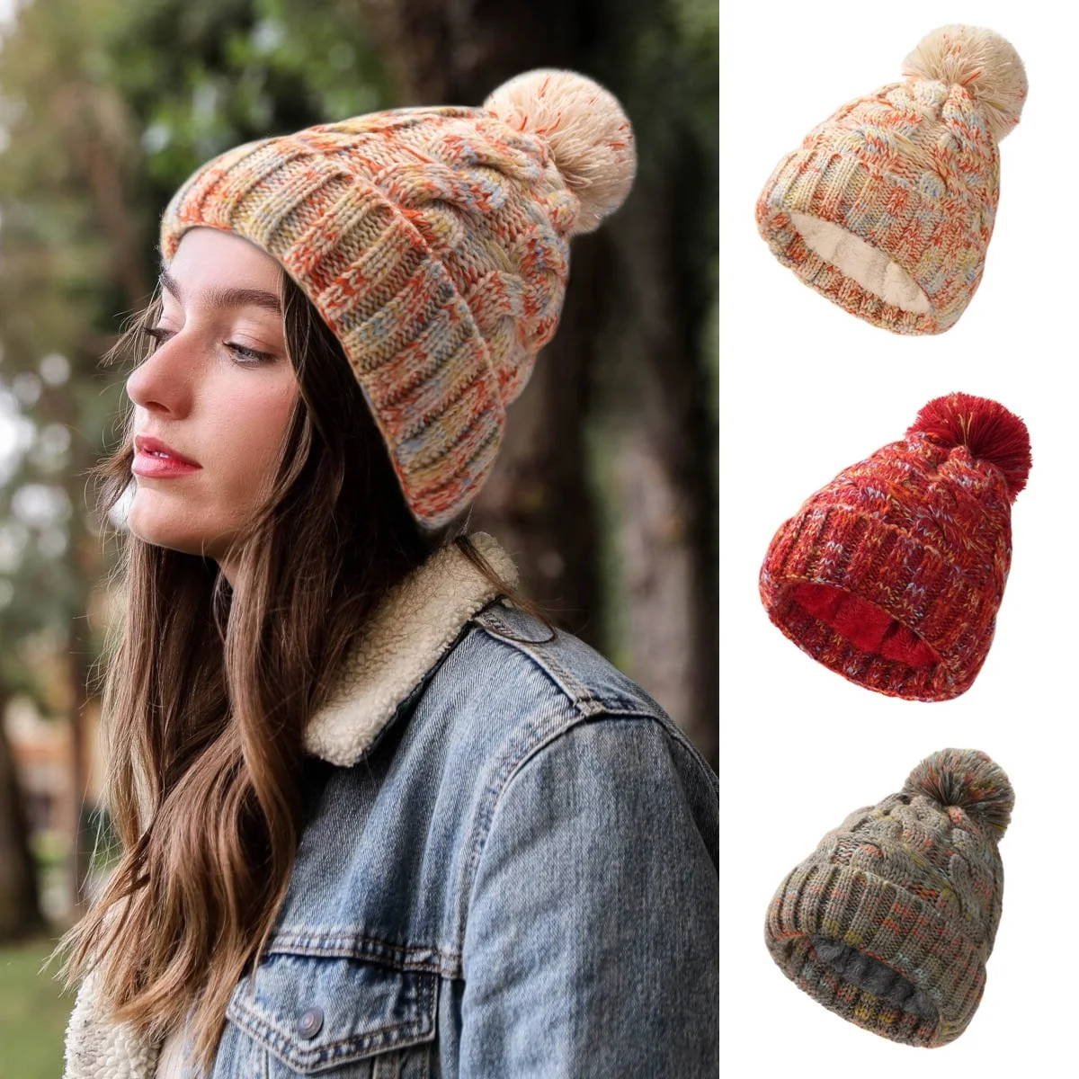 หมวกบีนนี่ถักไหมพรมบุขนแกะหนานุ่มสำหรับผู้หญิง พร้อมพู่ห้อย ขอบพับได้ หมวกไหมพรมถักลายบิดเกลียว สำหรับฤดูหนาว ให้ความอบอุ่น มีปอมปอม สำหรับผู้ใหญ่