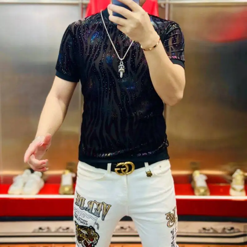 Laser Premium Flocking T Shirt For Men O-Neck Short Sleeved Silky Summer Quality Hollow Out Breathable Slim Fit Trends Camisetas