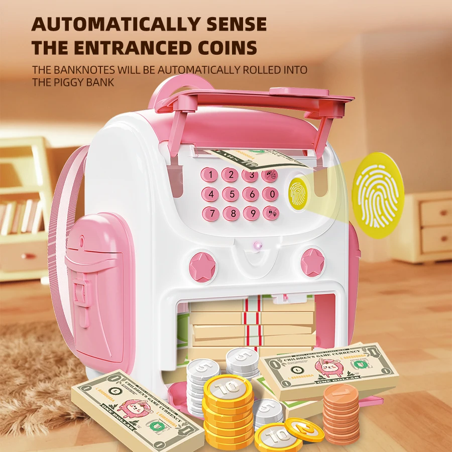 Backpack Piggy Bank Toys for Kids,  Automatic induction roll money ATM Large Simulation Fingerprint Password Unlock Box Gifts