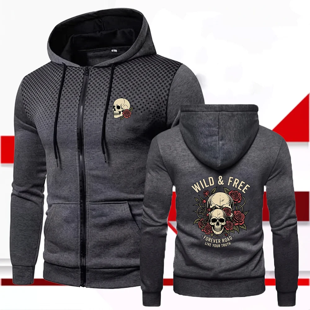 Men's Zip Up Hoodie Wild & Free Skull Rose Print Gradient Dot Spliced Hooded Jacket Vintage Motorcycle Streetwear Sweatshirt