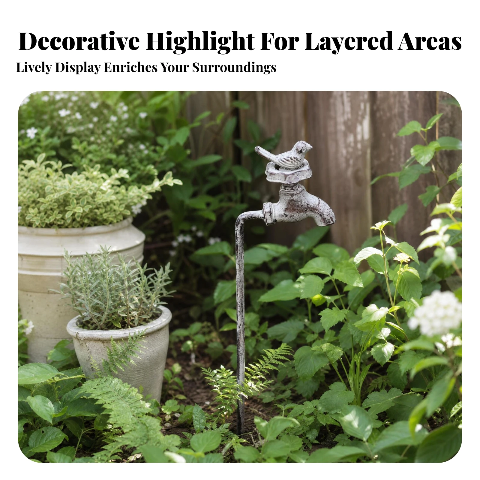 Vintage Faucet Insert Outdoor Decorative Flower Bed Stake Weathered Metal Garden Ornament Easy to Install Bird Topper Stake