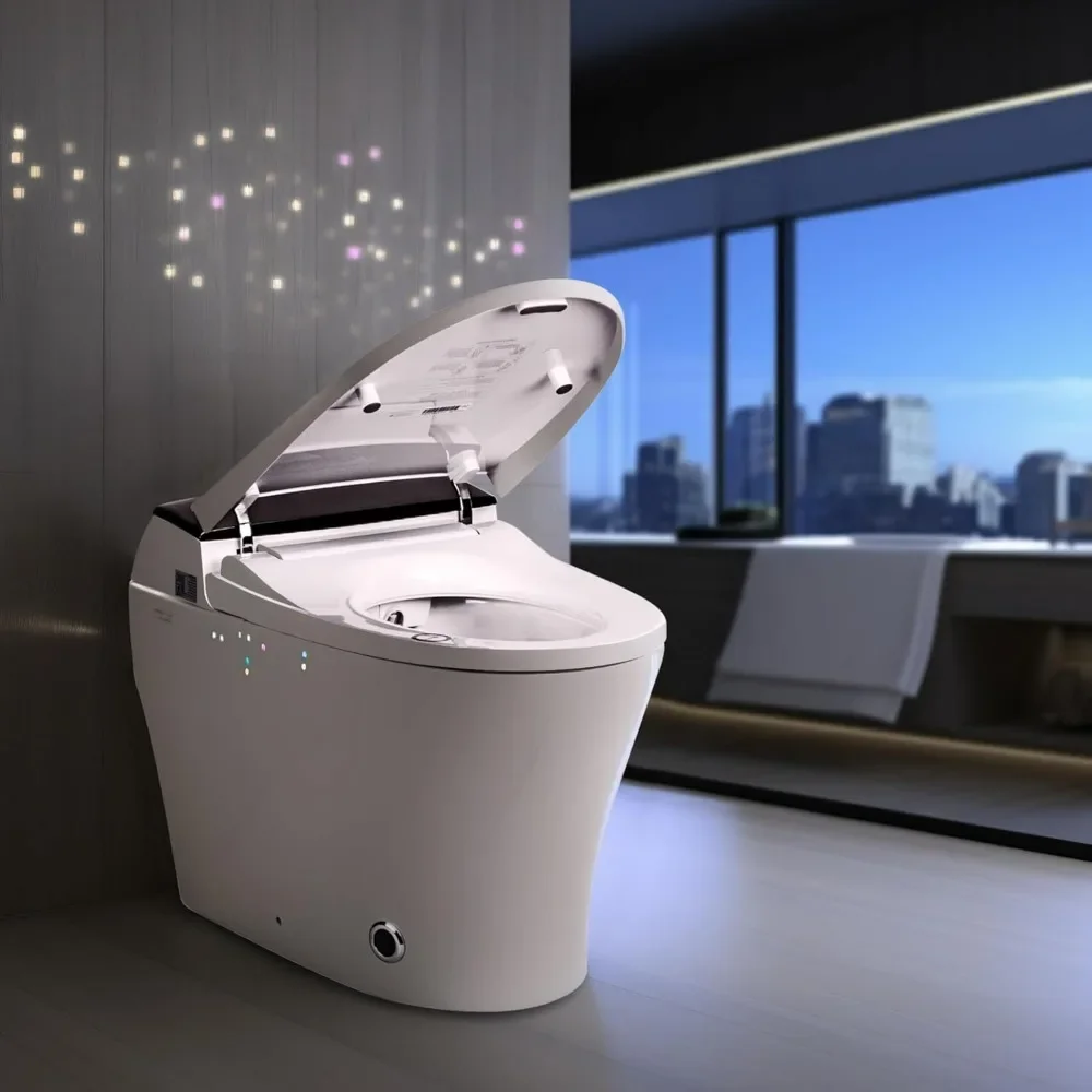 Smart Toilet, Auto Open/Close Lid, Heated Seat and Warm Water, Adjustable Water Pressure and Foot Kick Sensor, Toilet Smart