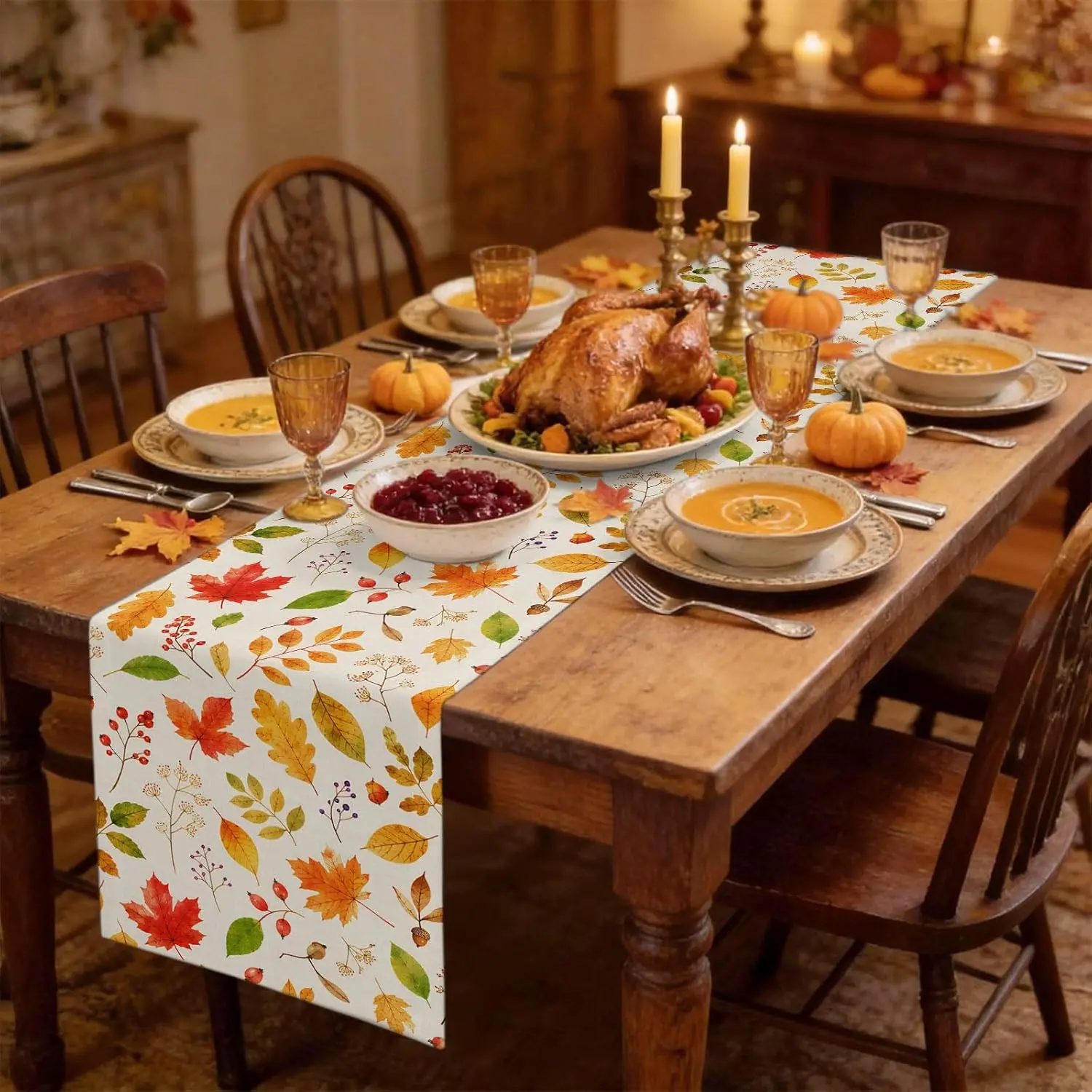 Fall Harvest Maple Leaves Linen Table Runner Holiday Party Decor Reusable Kitchen Dining Table Runner Autumn Decorations