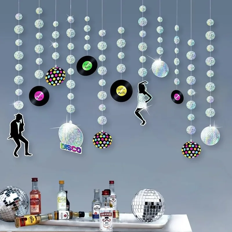 12 Pcs Iridescent Disco Party Garland Hanging Ball Disk Banner Streamer Backdrop Disco Theme Dancing Bachelorette Party Supplies