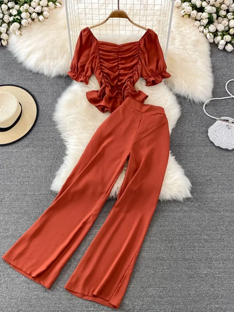 Women Summer Fashion Casual Pants, High Waist Drape Wide Leg Pants, Square Collar Short Slim Blouse Two-piece Suit Female D0544