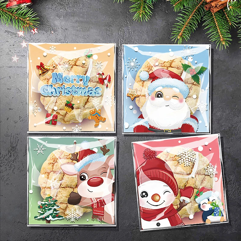 100Pcs Christmas Candy Cookie Gift Bags Plastic Self-adhesive Biscuits Snack Packaging Bags Xmas Party Decor Favors