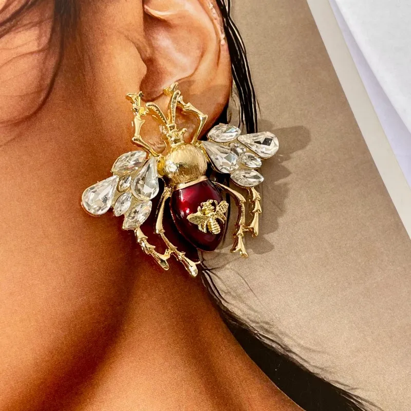 HUANZHI Vintage Bee Beetle Insect Rhinestone Metal Earring Exaggerated Punk Y2K Charms Jewelry for Women New