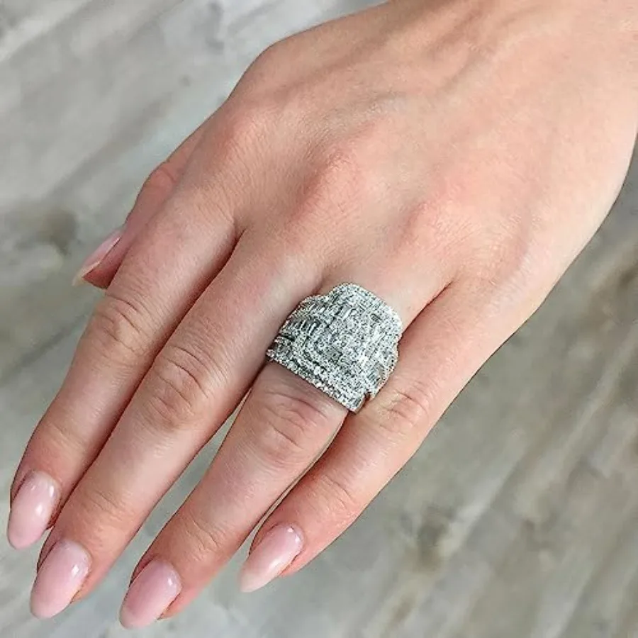 

2 Sterling Silver Shiny Full Diamond Gemstone Ring 1K Gold Cubic Zirconia Promise Rings CZ Diamond Multi Row Ring Eternity Enga