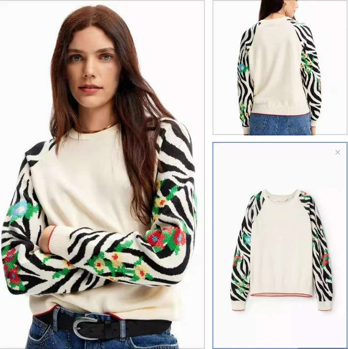 

Foreign trade original single Spanish new color splicing shoulder neck sweater