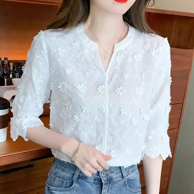 Summer New Solid Color Blouse Women V-neck Fashion Half Sleeve Pullovers Elegant All-match Three-dimensional Decoration Tops