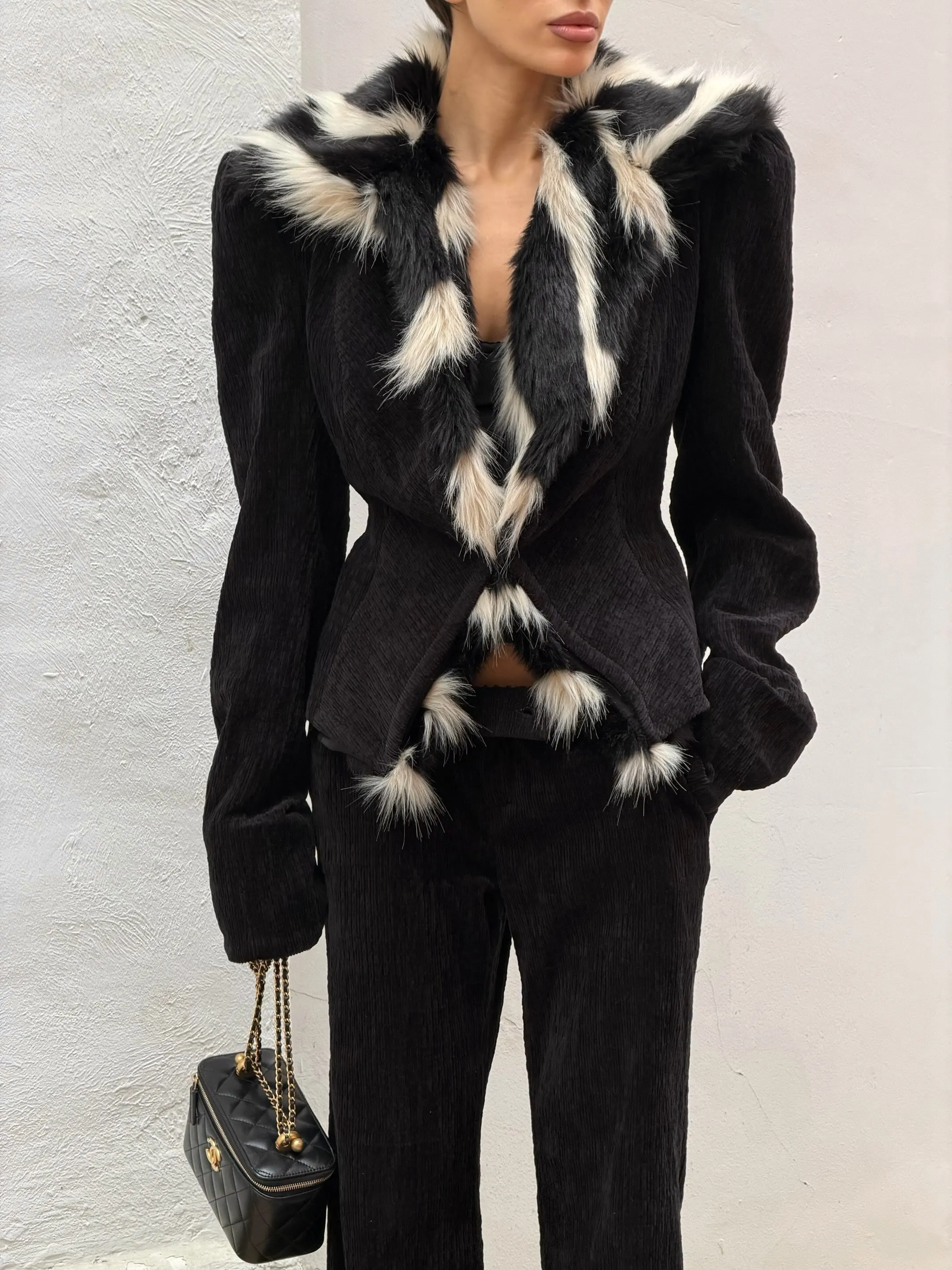 Laur 2026 Women 2 Piece Outfit Corduroy Slim Jacket Wide Leg Pants Set Faux Fur Trim Long Sleeve Autumn Winter Matching Suit